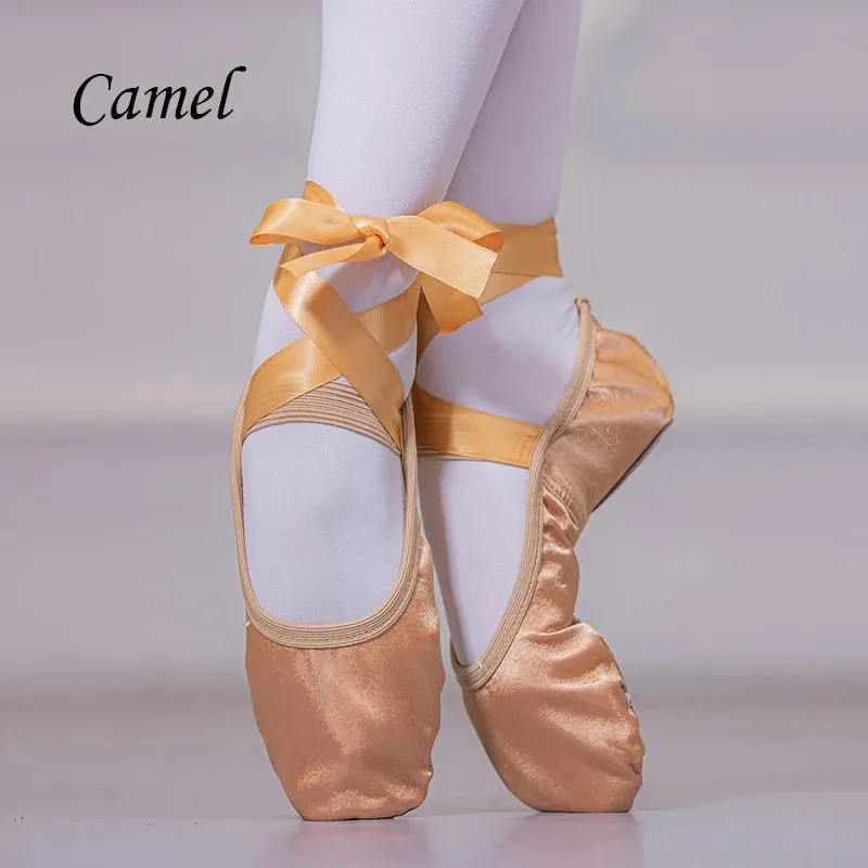 Women Breathable Ballet Shoe Ribbon Splits Shoes Satin Pointe Dance Fashion Bandage Slippers Size 23-42