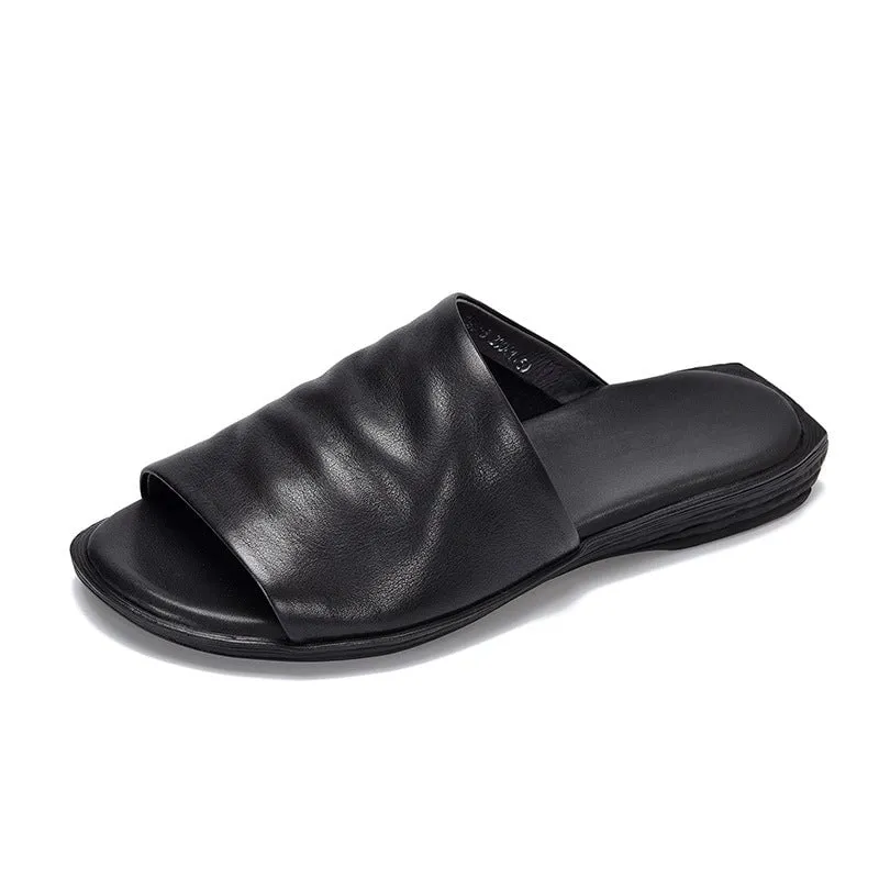 Women's Genuine Leather Slippers Open Toe in Coffee/Black